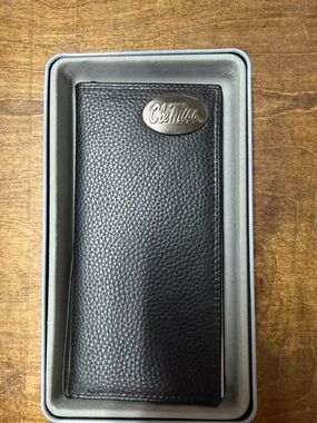 Ole Miss Black Bull hide Leather Checkbook  Wallet